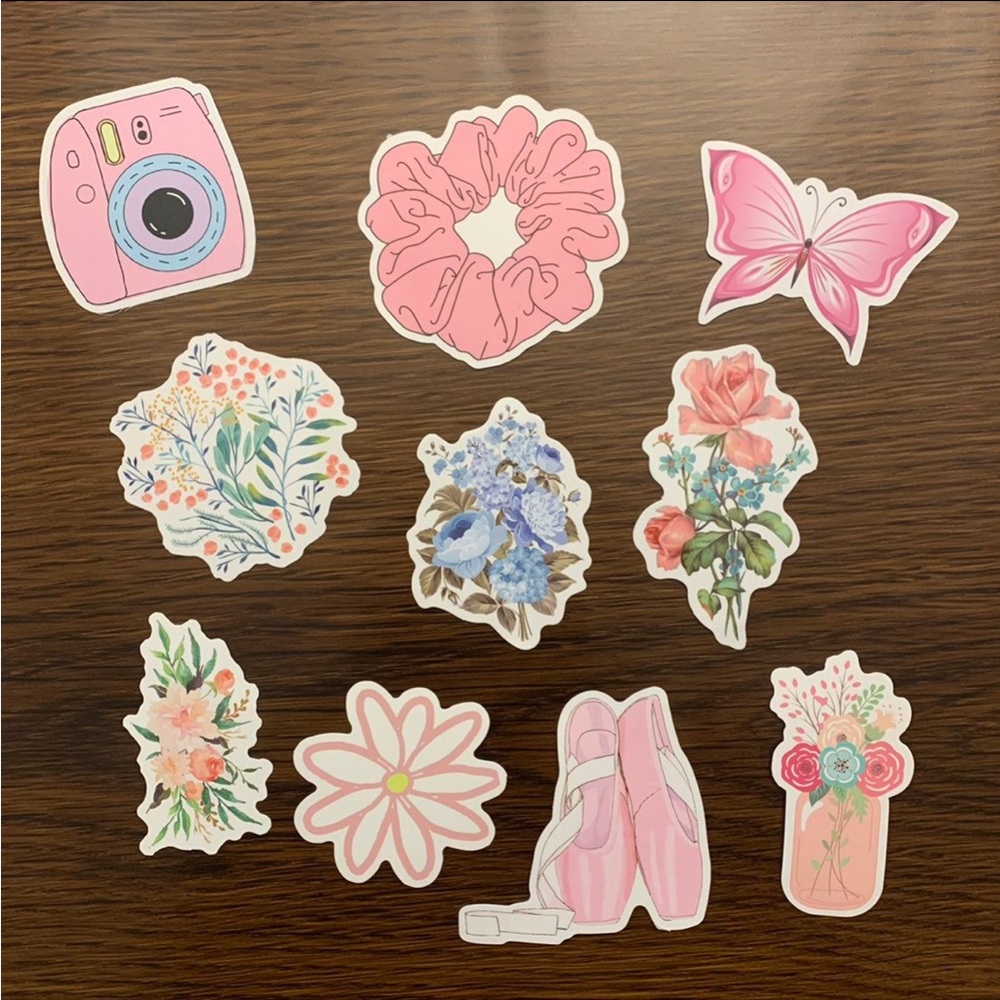 NWOT Assorted Pink Stickers // Ballet Slippers, Flowers, Polaroid, Scrunchie